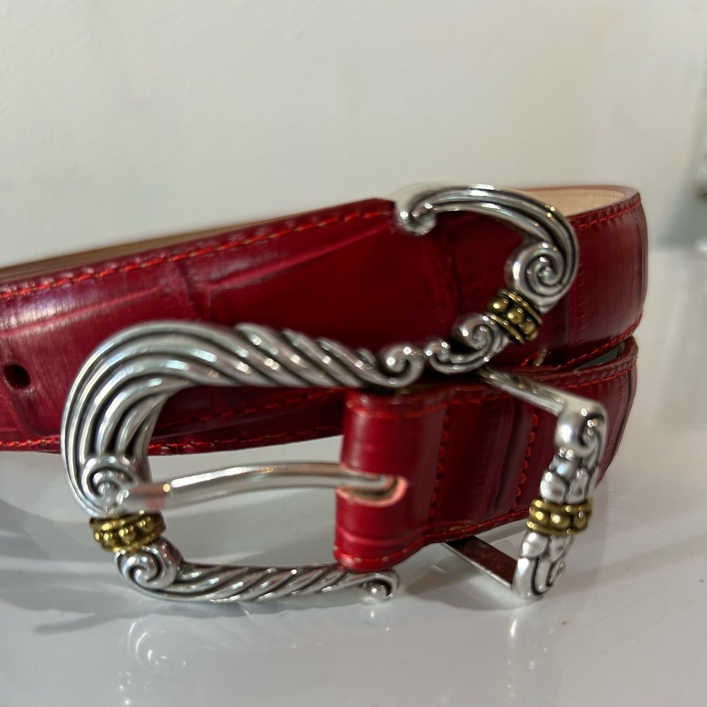Brighton Red Croc-Embossed Leather Belt ML 32 | Silver Scroll Buckle & Tips USA - Picture 3 of 12